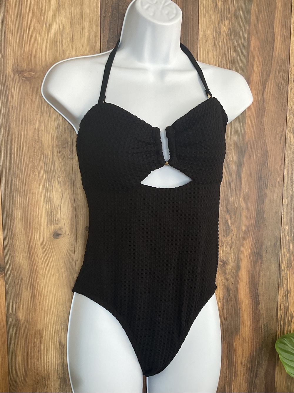 Shade & Shore Black Textured Halter One-Piece Swimsuit NWT